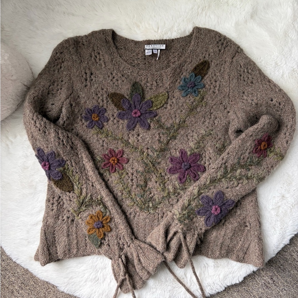 Peruvian Connection Floral Knit Sweater - Brown and Purple